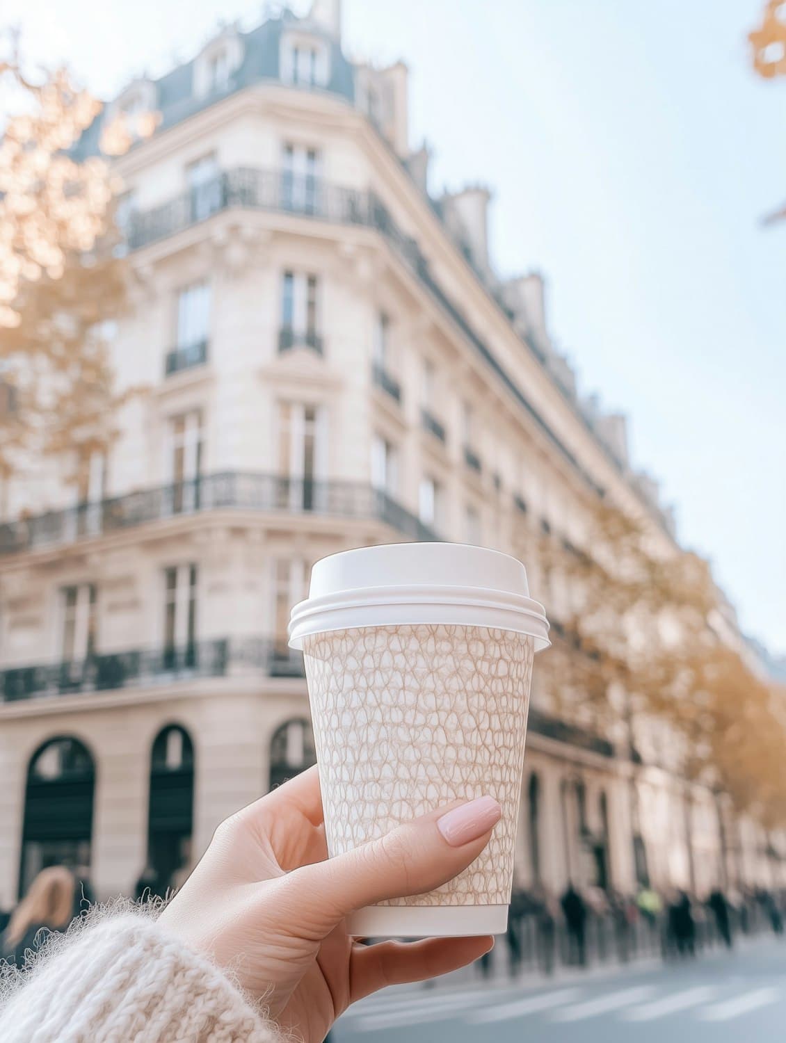 A hand holding a takeaway coffee cup on a tree lined city street