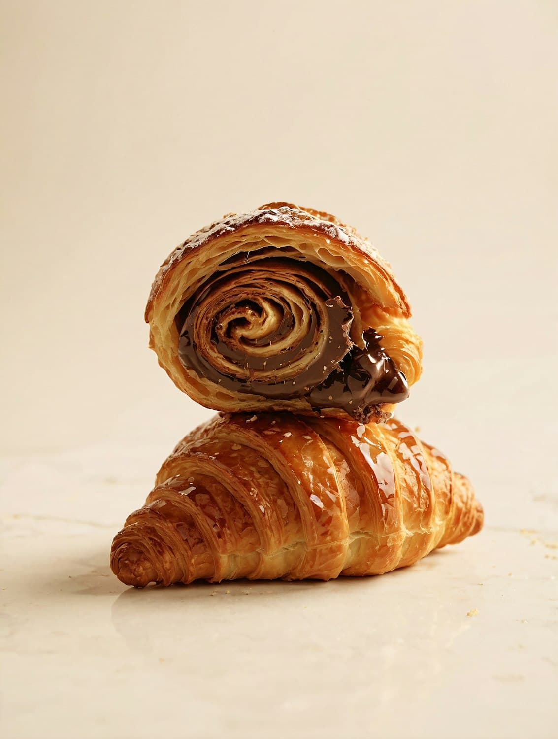 A chocolate croissant stacked on top of a golden butter croissant